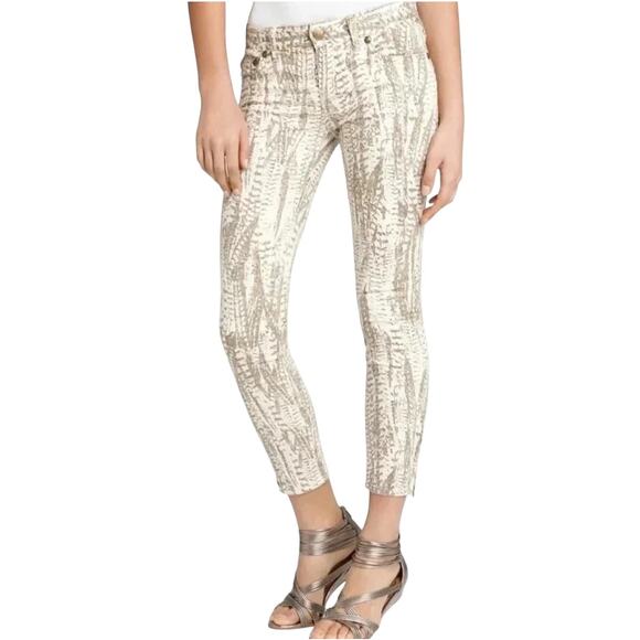 Free People Feather Print Skinny Jeans Neutral Boho Low Rise Ankle Denim 27 - Picture 1 of 11
